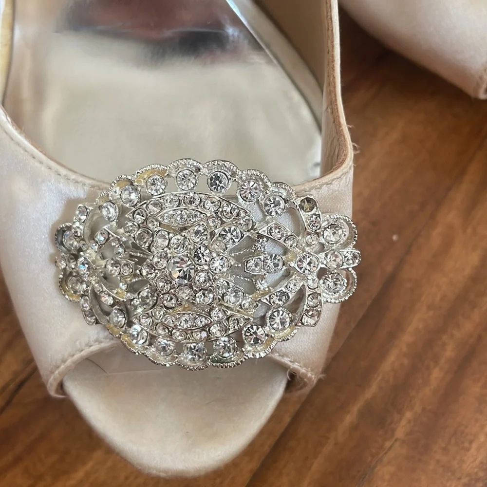 Badgley Mischka Satin Peep Toe Pump with Jewels - Picture 3 of 10